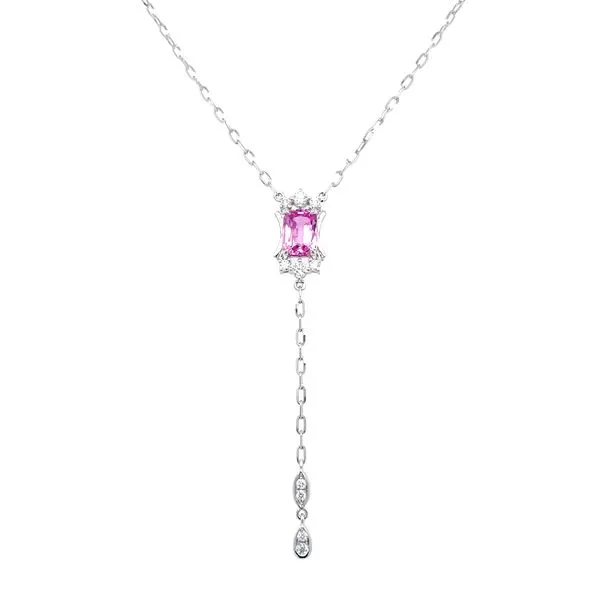 18KW Gold Lariat Necklace with Pink Sapphire and Diamonds 20.5