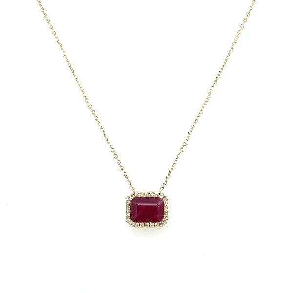14KY East-to-West Set Emerald Cut Ruby with Diamonds Necklace 18