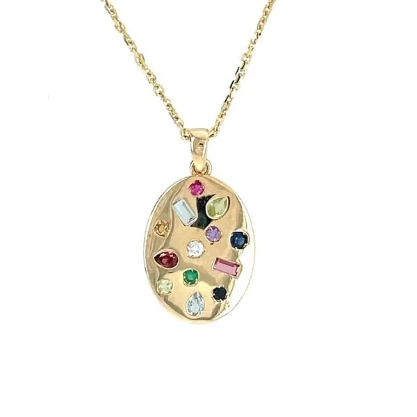 14KY Oval Drop Pendant with Multi Gemstones Necklace 18