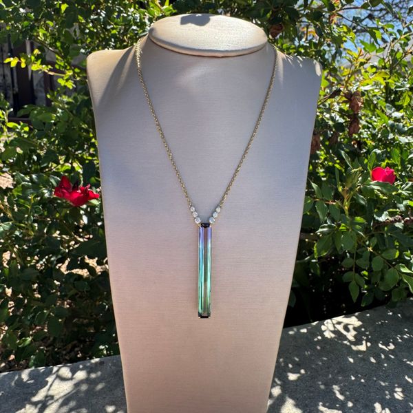 18KY Gold Necklace with Long Emerald Cut Watermelon Tourmaline & Diamonds Image 3 Franzetti Jewelers Austin, TX