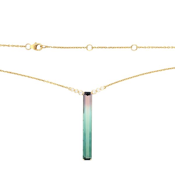 18KY Gold Necklace with Long Emerald Cut Watermelon Tourmaline & Diamonds Image 4 Franzetti Jewelers Austin, TX