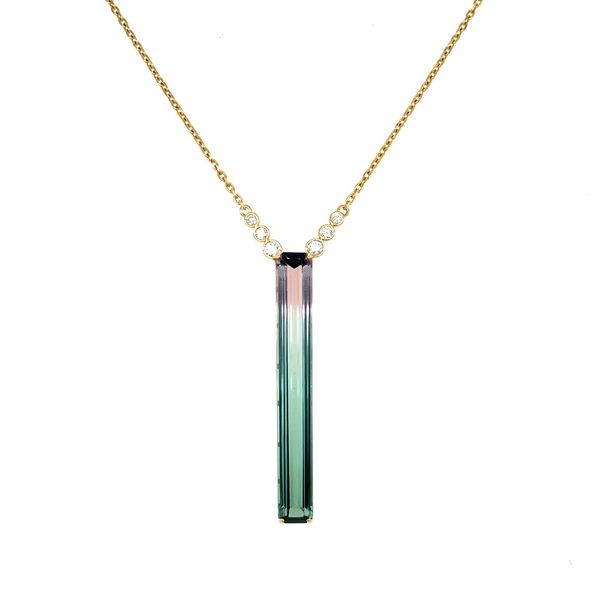 18KY Gold Necklace with Long Emerald Cut Watermelon Tourmaline & Diamonds Image 5 Franzetti Jewelers Austin, TX