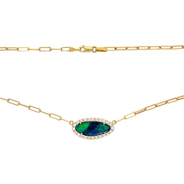 14KY East-to-West Set Opal with Diamonds on Paperclip Necklace 18.75