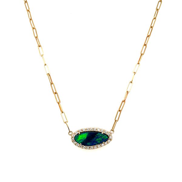 14KY East-to-West Set Opal with Diamonds on Paperclip Necklace 18.75