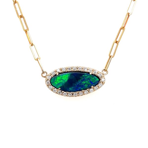14KY East-to-West Set Opal with Diamonds on Paperclip Necklace 18.75