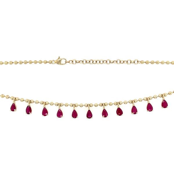 14KY Gold Beaded Necklace with Pear Ruby Dangles Image 3 Franzetti Jewelers Austin, TX