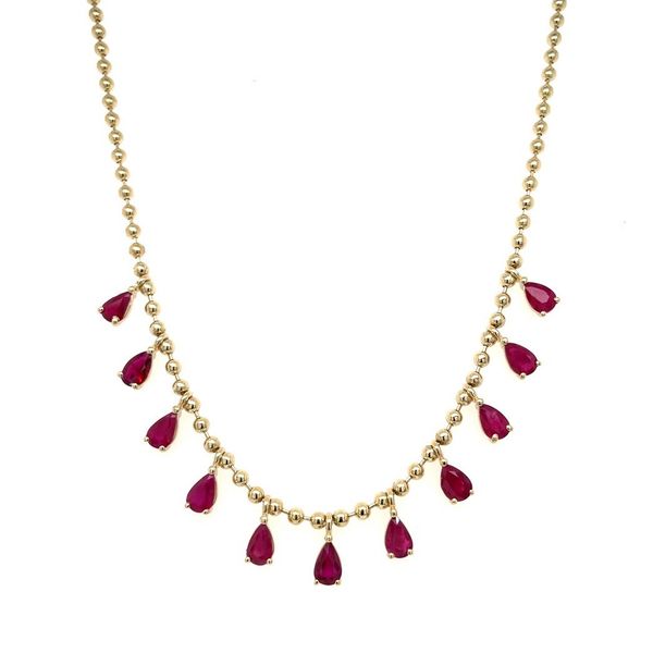 14KY Gold Beaded Necklace with Pear Ruby Dangles Image 4 Franzetti Jewelers Austin, TX