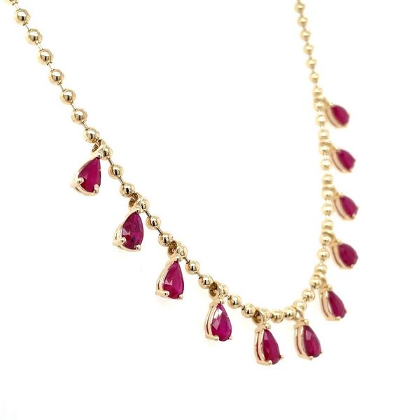 14KY Gold Beaded Necklace with Pear Ruby Dangles Image 5 Franzetti Jewelers Austin, TX