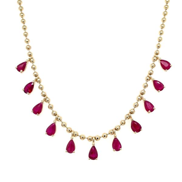 14KY Gold Beaded Necklace with Pear Ruby Dangles Franzetti Jewelers Austin, TX