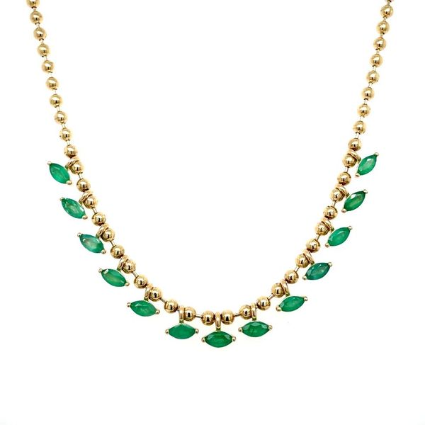 14KY Gold Beaded Necklace with East West Marquise Emerald Dangles Franzetti Jewelers Austin, TX