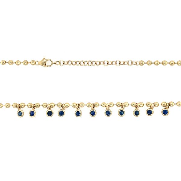 14KY Gold Beaded Necklace with Bezel Set Round Blue Sapphire Dangles Image 3 Franzetti Jewelers Austin, TX