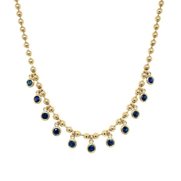 14KY Gold Beaded Necklace with Bezel Set Round Blue Sapphire Dangles Image 4 Franzetti Jewelers Austin, TX