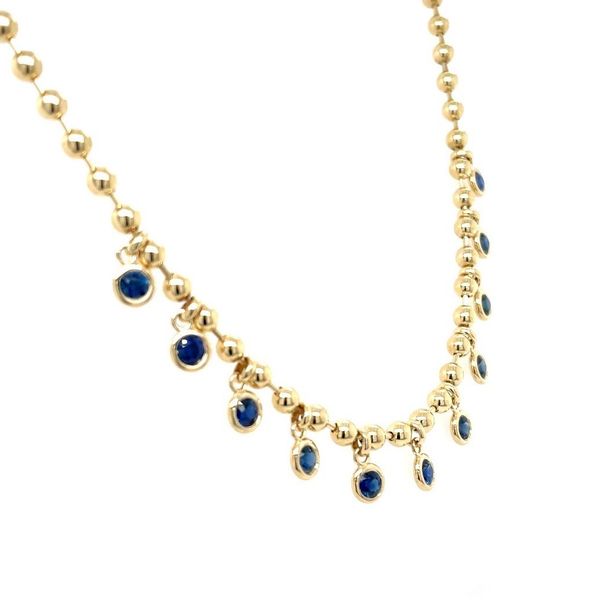 14KY Gold Beaded Necklace with Bezel Set Round Blue Sapphire Dangles Image 5 Franzetti Jewelers Austin, TX
