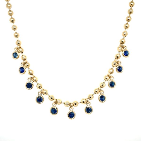 14KY Gold Beaded Necklace with Bezel Set Round Blue Sapphire Dangles Franzetti Jewelers Austin, TX
