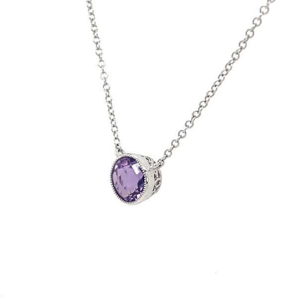 14K White Gold Necklace with Round Amethyst Pendant 18