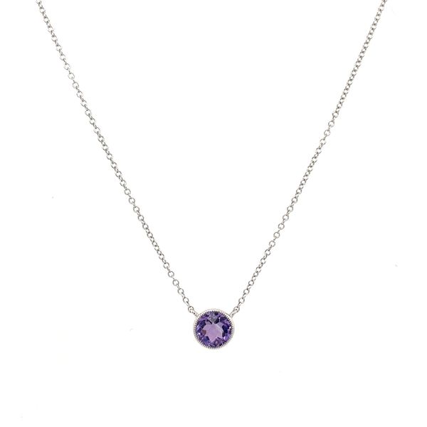 14K White Gold Necklace with Round Amethyst Pendant 18