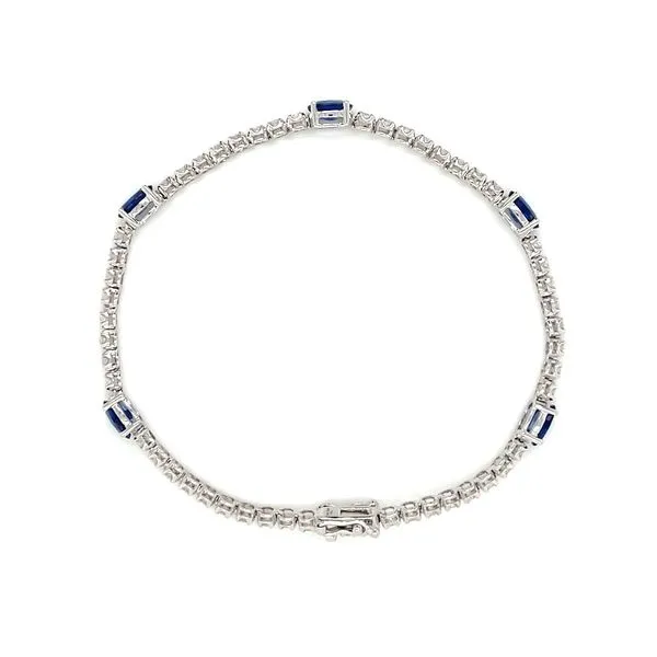 14KW Gold Diamond Line Bracelet with 5 Oval Blue Sapphire Stations 6.75
