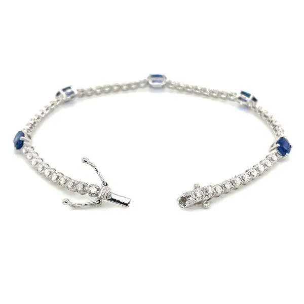 14KW Gold Diamond Line Bracelet with 5 Oval Blue Sapphire Stations 6.75