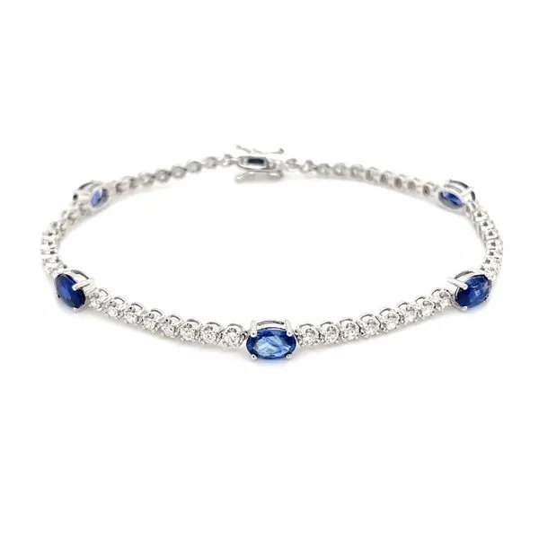 14KW Gold Diamond Line Bracelet with 5 Oval Blue Sapphire Stations 6.75