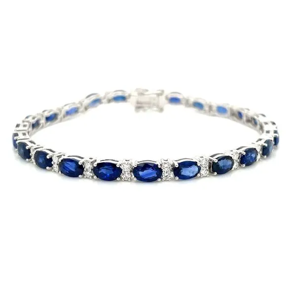14KW Gold Oval Blue Sapphire & Diamond Tennis Bracelet 6.75