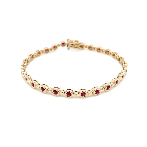 14KY Gold Line Bracelet with Round Rubies in Bezels 7.25