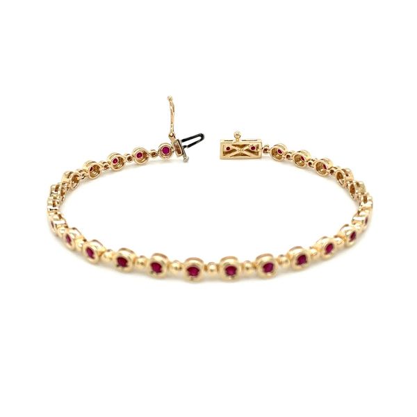 14KY Gold Line Bracelet with Round Rubies in Bezels 7.25