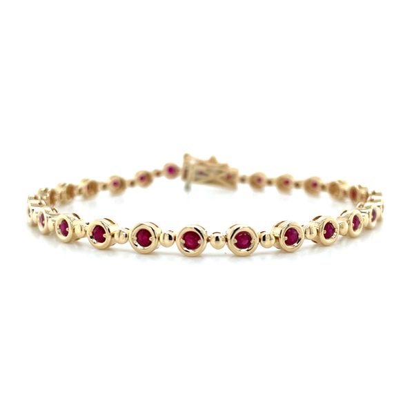 14KY Gold Line Bracelet with Round Rubies in Bezels 7.25