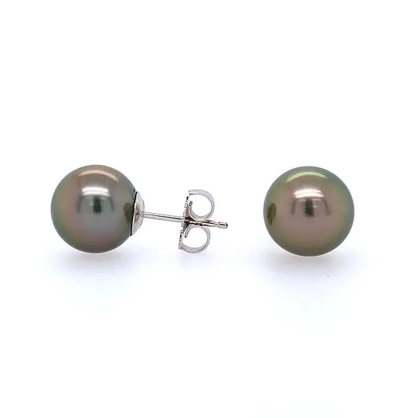 14K White Gold 9.8 mm Black Tahitian Pearl Stud Earrings Image 2 Franzetti Jewelers Austin, TX