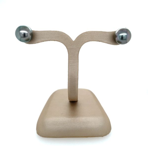 18KW Gold 9.3 mm Tahitian Black Pearl Stud Earrings Image 2 Franzetti Jewelers Austin, TX