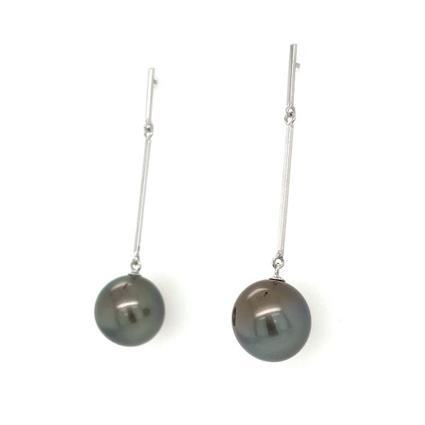 14KW Gold 10.1 mm Black Tahitian Pearl Dangle Earrings Image 2 Franzetti Jewelers Austin, TX