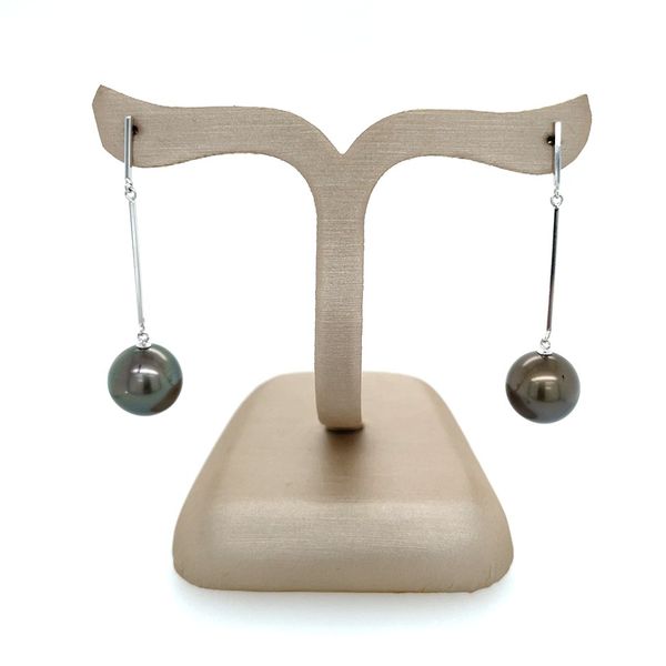 14KW Gold 10.1 mm Black Tahitian Pearl Dangle Earrings Image 3 Franzetti Jewelers Austin, TX