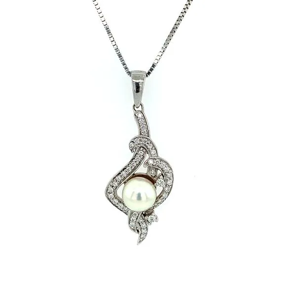 18K White Gold Pendant with 6.75 MM Pearl & Diamonds Image 2 Franzetti Jewelers Austin, TX