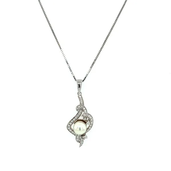 18K White Gold Pendant with 6.75 MM Pearl & Diamonds Image 3 Franzetti Jewelers Austin, TX
