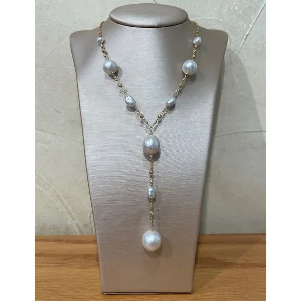 18KY Gold Necklace with Pearl Stations & Pearl Drop 18