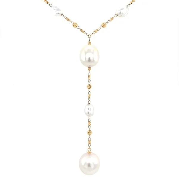 18KY Gold Necklace with Pearl Stations & Pearl Drop 18