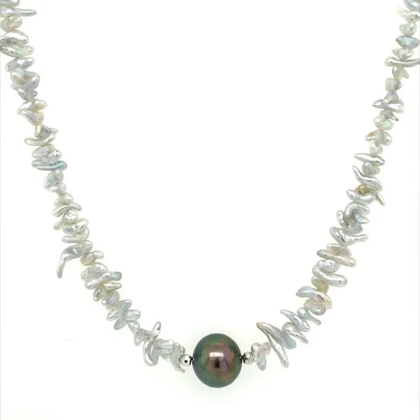 SS White Keshi Akoya Pearl Necklace with Single 10 mm Tahitian Pearl 18