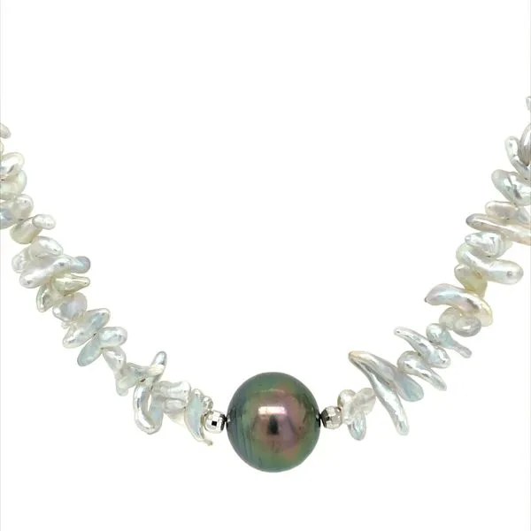 SS White Keshi Akoya Pearl Necklace with Single 10 mm Tahitian Pearl 18