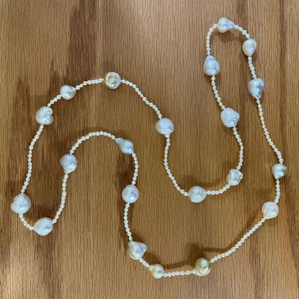 White to Light Golden Colored Keshi Akoya Pearl Long Necklace 32