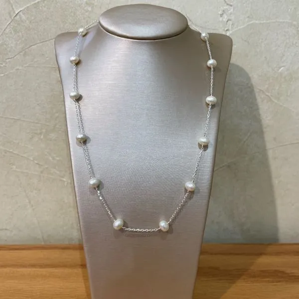 Sterling Silver White Freshwater Pearl 14-Station Necklace 18