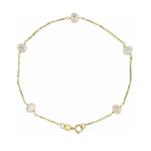 14KY Gold 4.25 mm White Freshwater Pearl 5-Station Bracelet 7