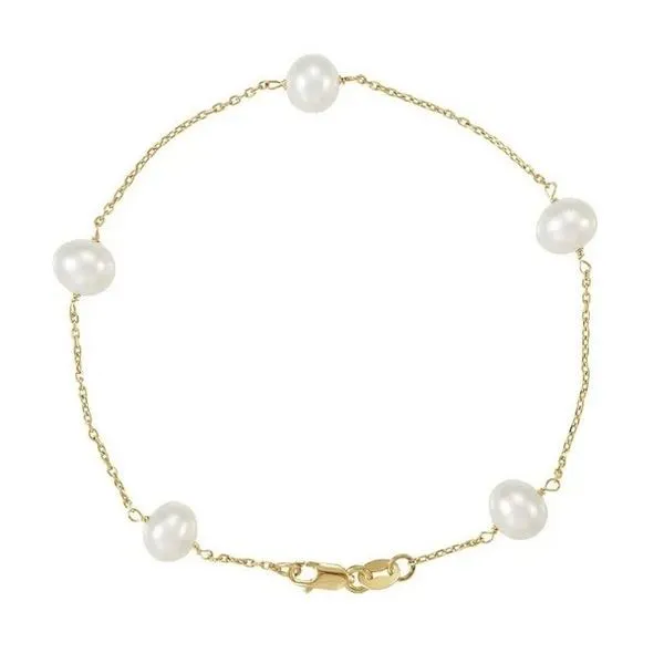 14KY Gold 5 mm White Freshwater Pearl 5-Station Bracelet 7