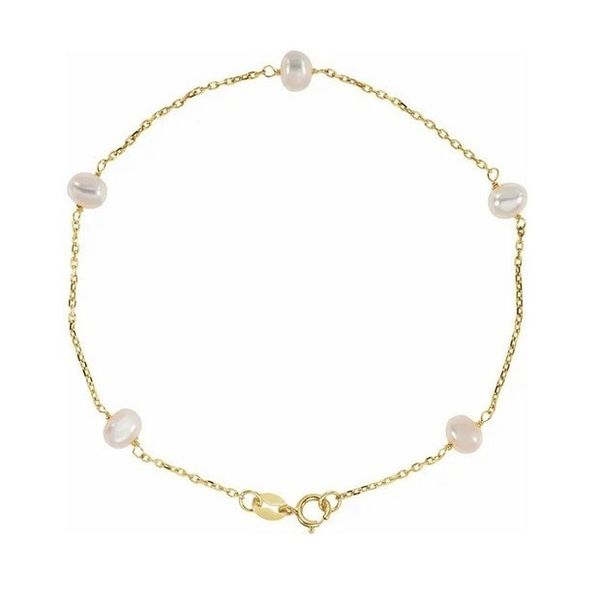 14KY Gold 4.25 mm White Freshwater Pearl 5-Station Bracelet 7