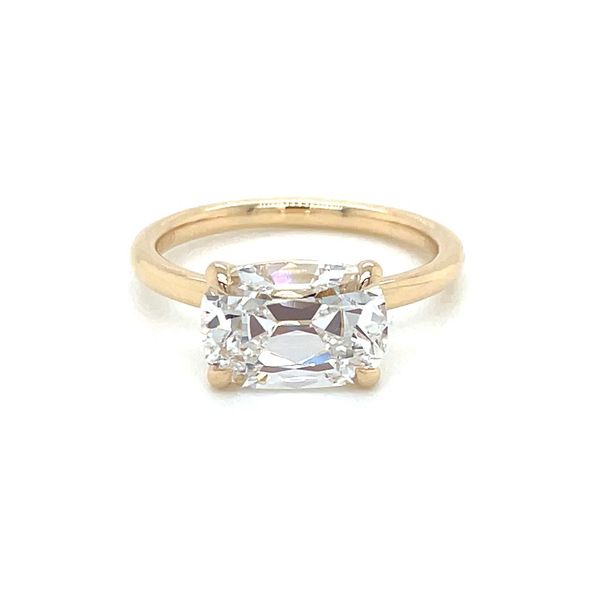 14KY Gold East West Engagement Ring with 3.08 Ct Long Cushion Vintage Cut Lab Diamond Franzetti Jewelers Austin, TX
