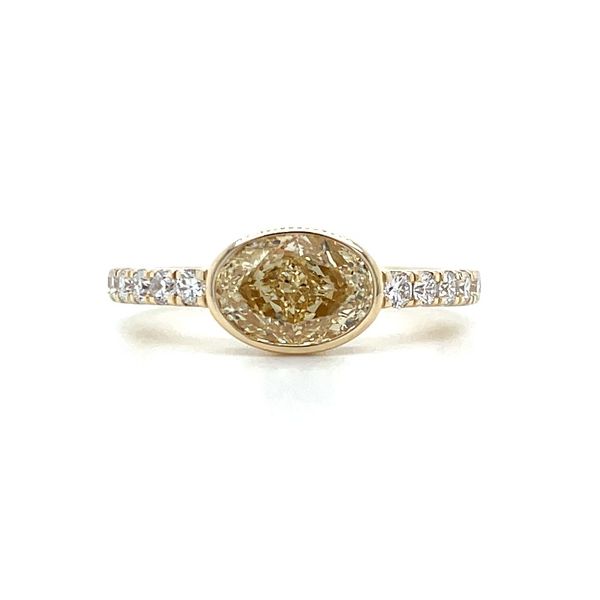 14KY Gold East West Bezel Set Engagement Ring with 1.57 Ct Oval Yellow Lab Diamond Franzetti Jewelers Austin, TX