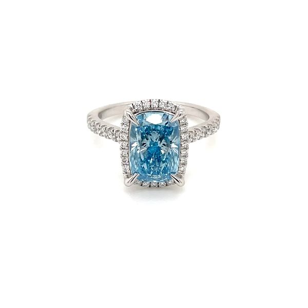 14KW Gold Halo Engagement Ring with 2.58 Ct Cushion Fancy Blue Lab Diamond Image 3 Franzetti Jewelers Austin, TX
