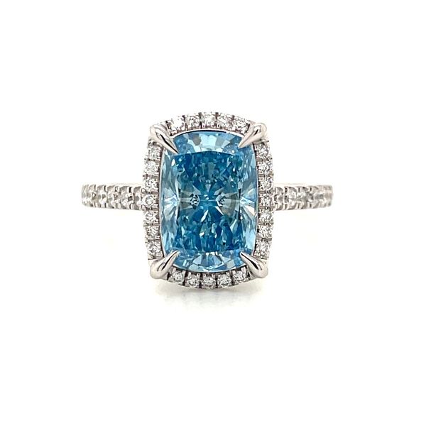 14KW Gold Halo Engagement Ring with 2.58 Ct Cushion Fancy Blue Lab Diamond Franzetti Jewelers Austin, TX