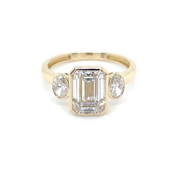 14KY Gold 3 Stone Bezel Set Lab Diamond Engagement Ring with 2.5 Ct Emerald Cut Image 3 Franzetti Jewelers Austin, TX