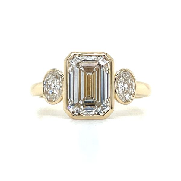 14KY Gold 3 Stone Bezel Set Lab Diamond Engagement Ring with 2.5 Ct Emerald Cut Franzetti Jewelers Austin, TX