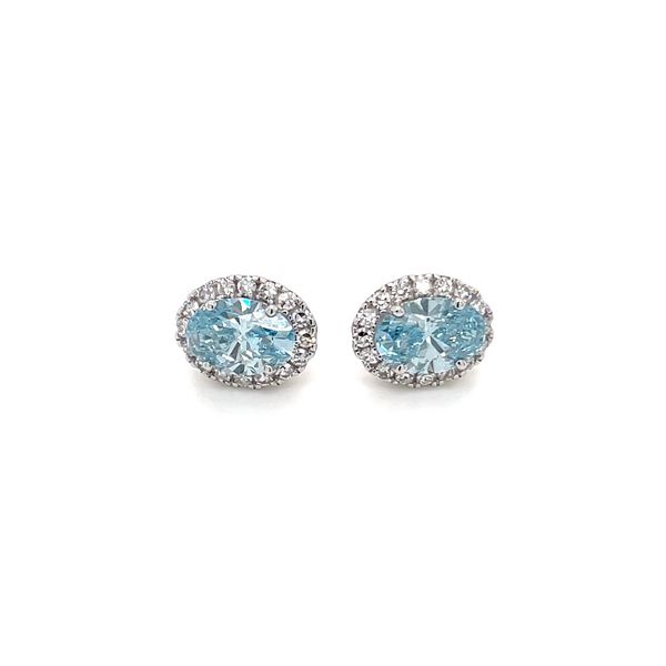 14KW 2 CTW Oval Fancy Blue Lab Grown Diamond Halo Studs Image 5 Franzetti Jewelers Austin, TX