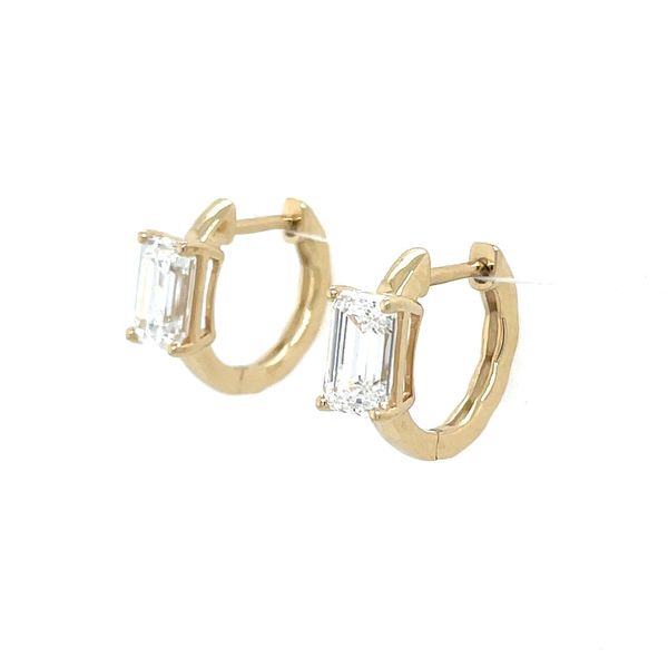 14KY Gold Huggie Hoop Earrings with Emerald Cut Diamonds Image 4 Franzetti Jewelers Austin, TX